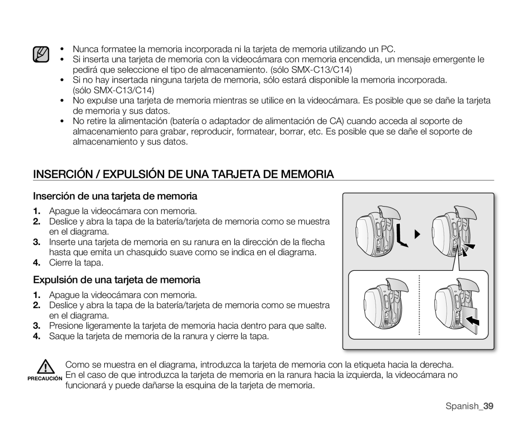 Samsung SMX-C10RP/EDC Inserción / Expulsión DE UNA Tarjeta DE Memoria, Inserción de una tarjeta de memoria, Cierre la tapa 