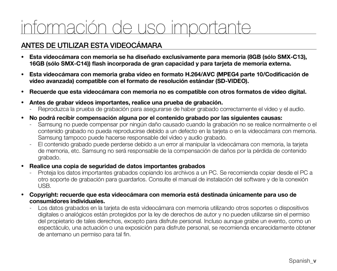 Samsung SMX-C10GP/CAN, SMX-C10GP/EDC, SMX-C10RP/EDC manual Información de uso importante, Antes DE Utilizar Esta Videocámara 