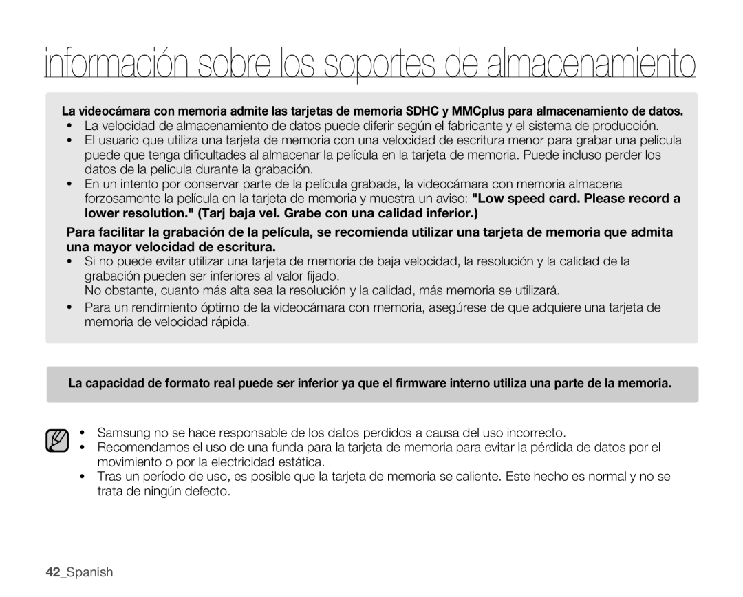 Samsung SMX-C10LP/CAN, SMX-C10GP/EDC, SMX-C10RP/EDC, SMX-C100GP/EDC manual Información sobre los soportes de almacenamiento 