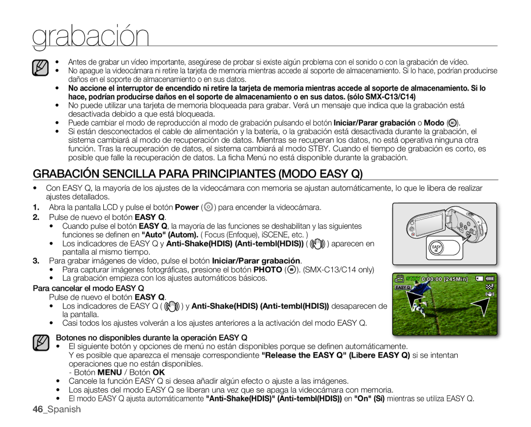 Samsung SMX-C10GP/EDC, SMX-C10RP/EDC, SMX-C100GP/EDC, SMX-C10LP/EDC manual Grabación Sencilla Para Principiantes Modo Easy Q 