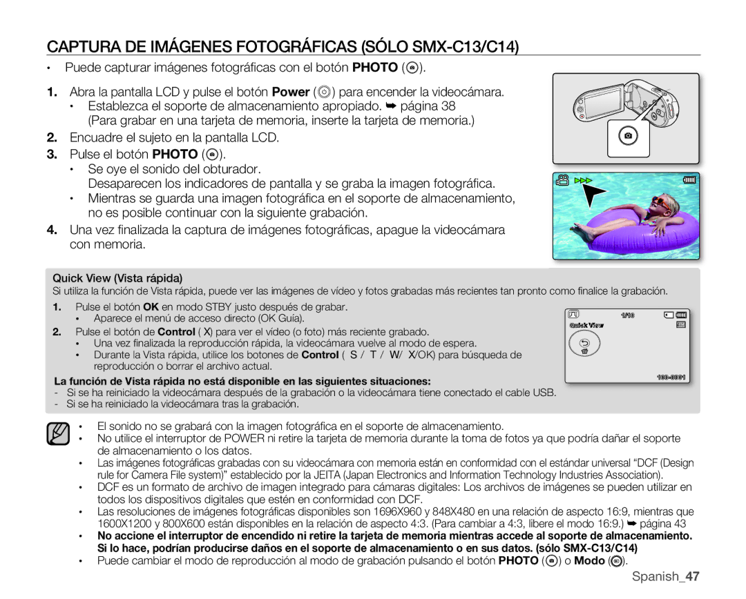 Samsung SMX-C10RP/EDC manual Captura DE Imágenes Fotográficas Sólo SMX-C13/C14, Aparece el menú de acceso directo OK Guía 