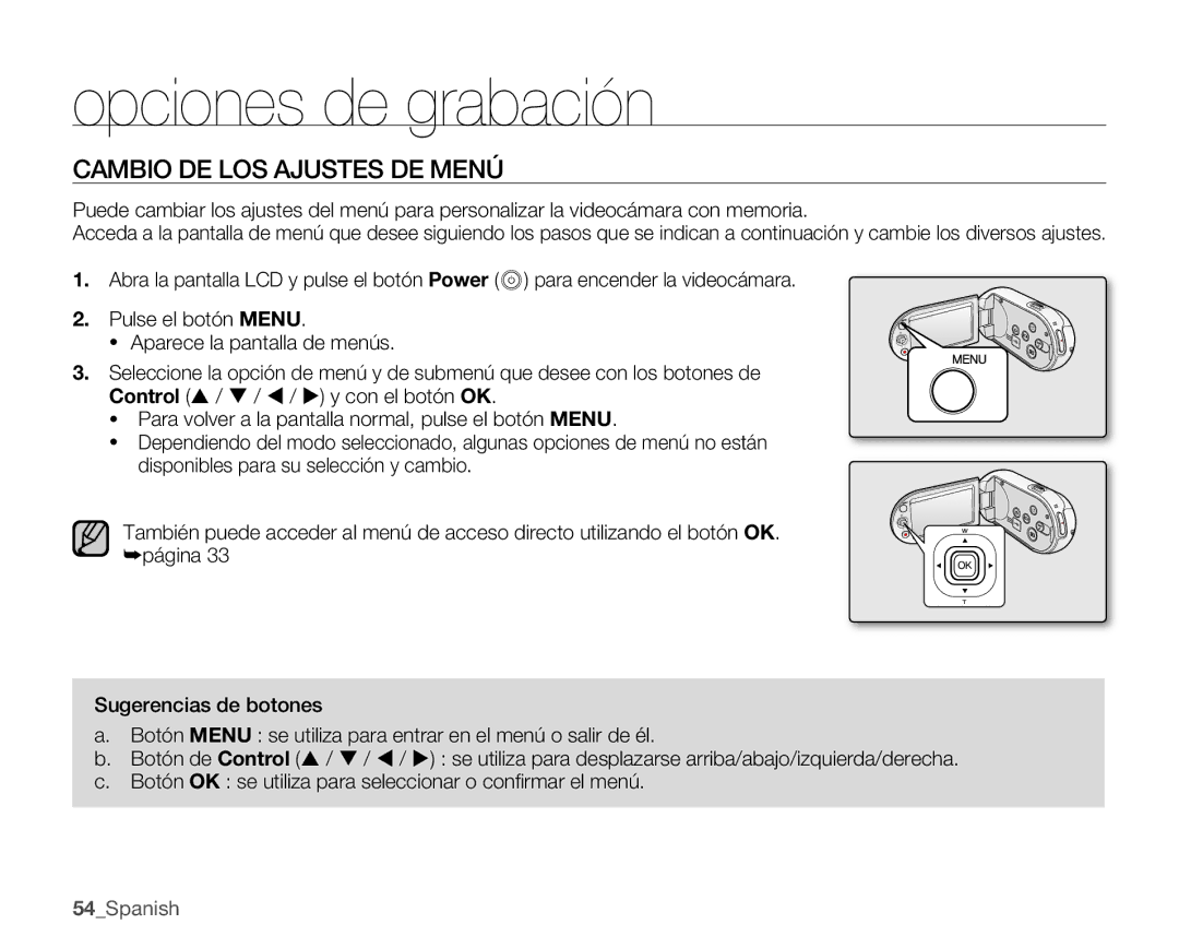 Samsung SMX-C10GP/EDC, SMX-C10RP/EDC, SMX-C100GP/EDC, SMX-C10LP/EDC Opciones de grabación, Cambio DE LOS Ajustes DE Menú 