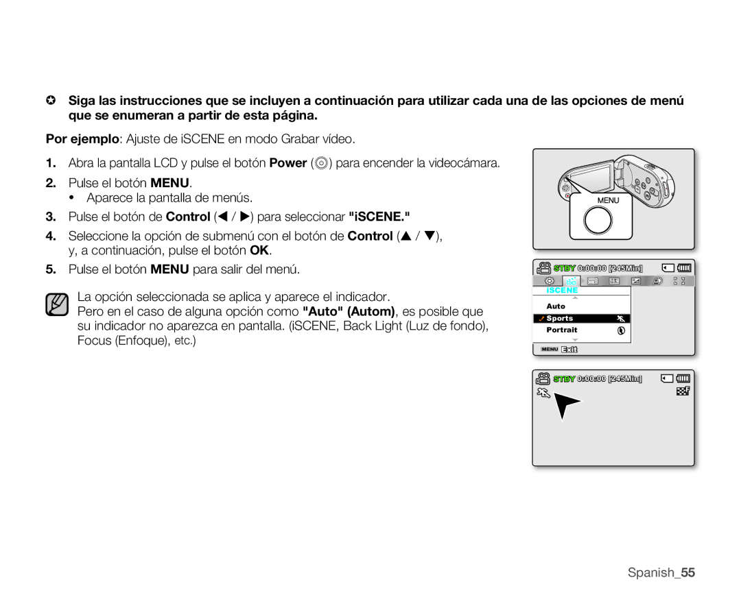 Samsung SMX-C10RP/EDC, SMX-C10GP/EDC, SMX-C100GP/EDC, SMX-C10LP/EDC manual Por ejemplo Ajuste de iSCENE en modo Grabar vídeo 