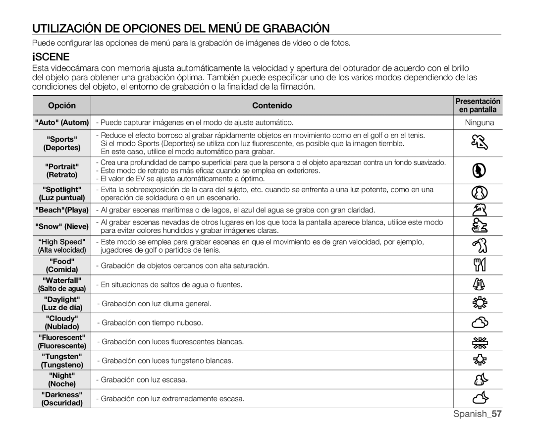 Samsung SMX-C10LP/EDC, SMX-C10GP/EDC, SMX-C10RP/EDC, SMX-C100GP/EDC Utilización DE Opciones DEL Menú DE Grabación, Iscene 