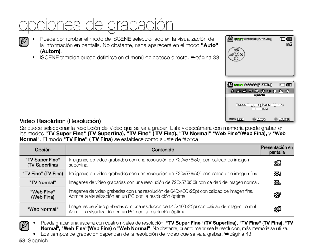 Samsung SMX-C10LP/CAN, SMX-C10GP/EDC, SMX-C10RP/EDC, SMX-C100GP/EDC, SMX-C10LP/EDC, SMX-C10GP/CAN Video Resolution Resolución 