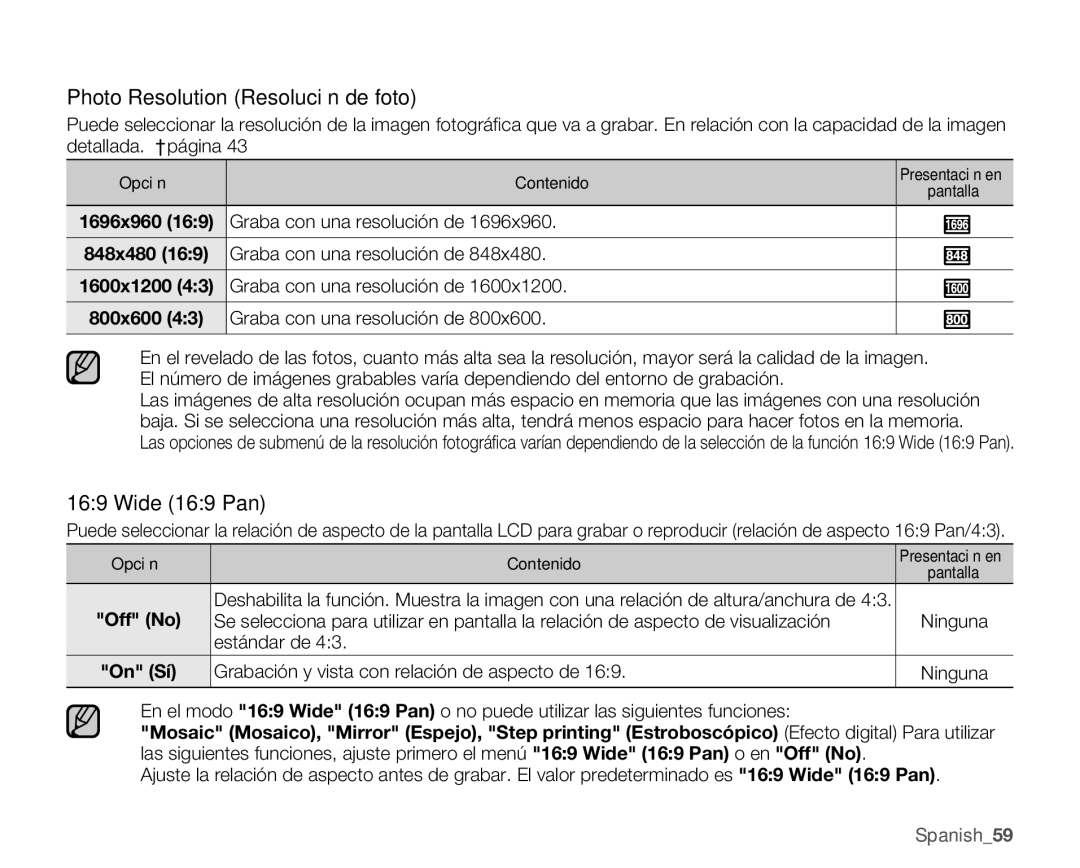 Samsung SMX-C10GP/CAN, SMX-C10GP/EDC, SMX-C10RP/EDC manual Photo Resolution Resolución de foto, Wide 169 Pan, 800x600 