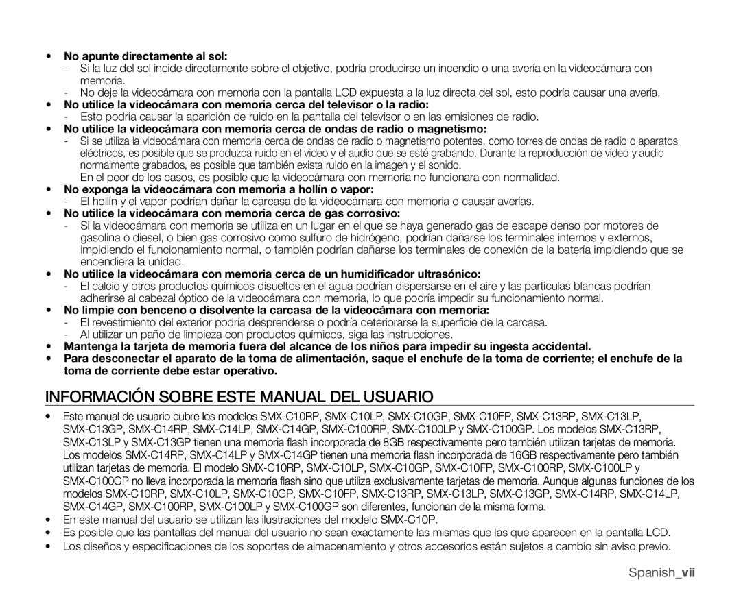 Samsung SMX-C10RP/CAN, SMX-C10GP/EDC manual Información Sobre Este Manual DEL Usuario, No apunte directamente al sol 