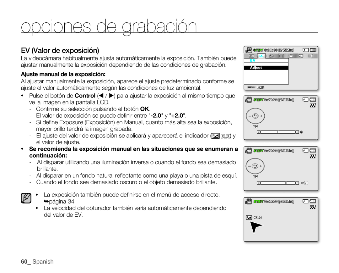 Samsung SMX-C100RP/EDC, SMX-C10GP/EDC, SMX-C10RP/EDC, SMX-C100GP/EDC EV Valor de exposición, Ajuste manual de la exposición 