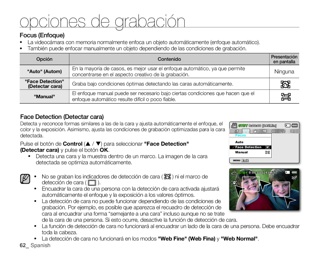 Samsung SMX-C10GP/EDC manual Focus Enfoque, Face Detection Detectar cara, Detectar cara y pulse el botón OK, Ni el marco de 