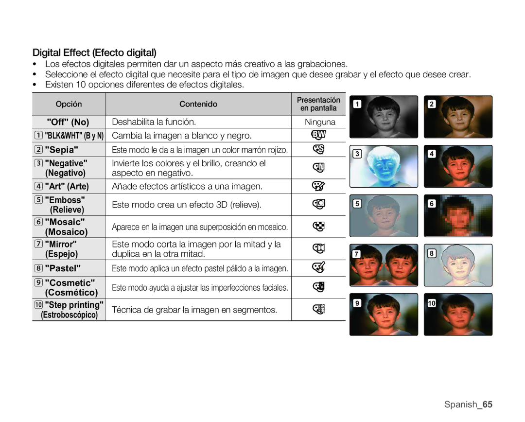 Samsung SMX-C10LP/EDC, SMX-C10GP/EDC, SMX-C10RP/EDC, SMX-C100GP/EDC, SMX-C10LP/CAN manual Digital Effect Efecto digital 