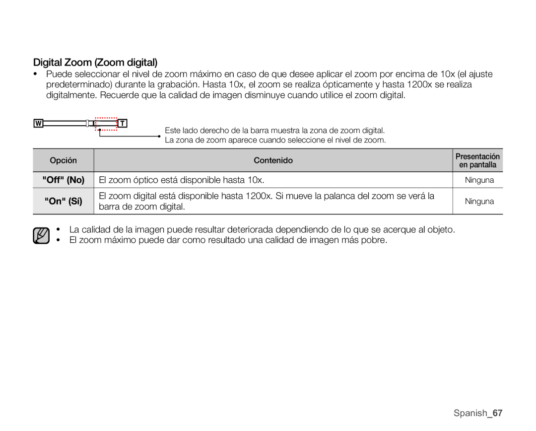 Samsung SMX-C10GP/CAN manual Digital Zoom Zoom digital, El zoom óptico está disponible hasta, Barra de zoom digital 