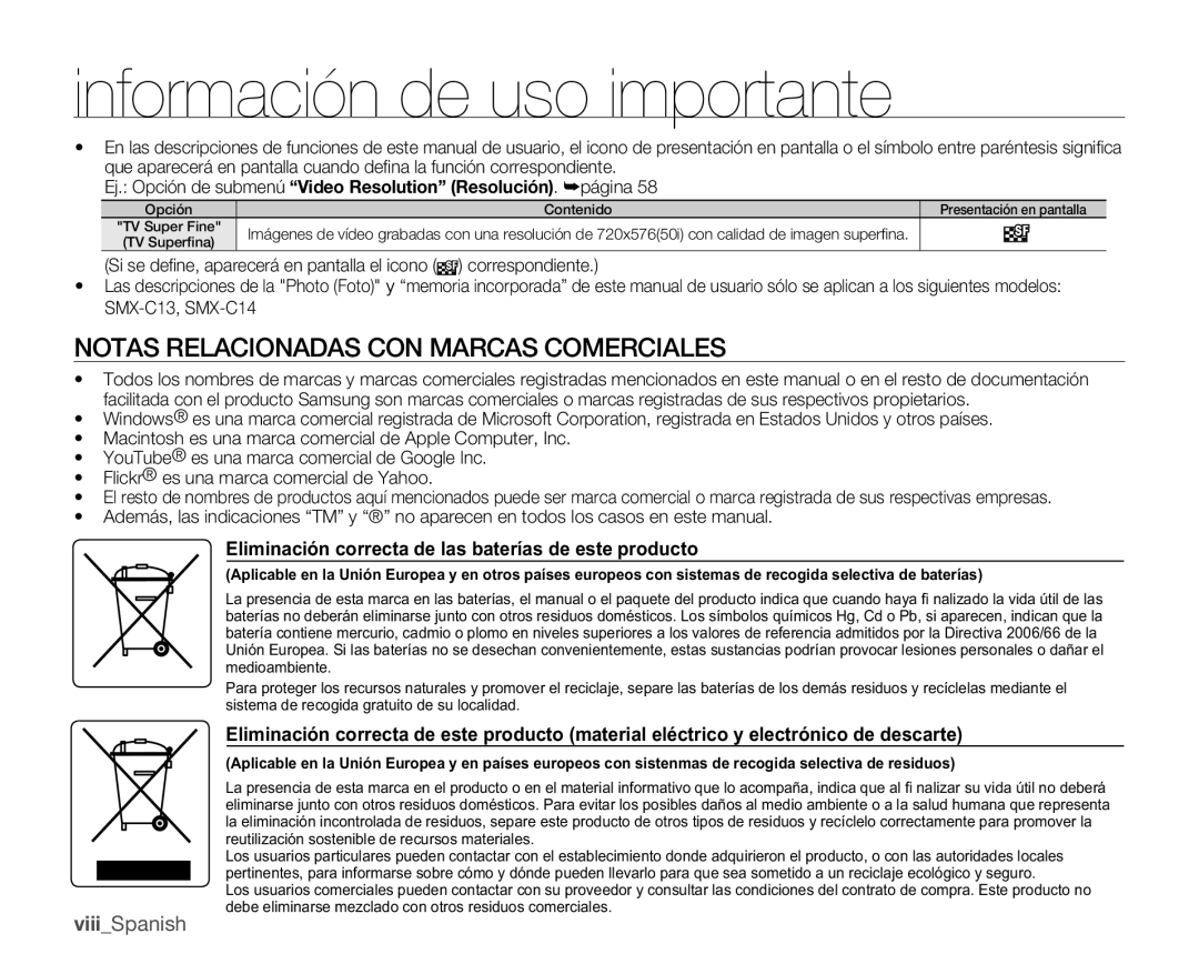 Samsung SMX-C10GP/EDC Notas Relacionadas CON Marcas Comerciales, Eliminación correcta de las baterías de este producto 