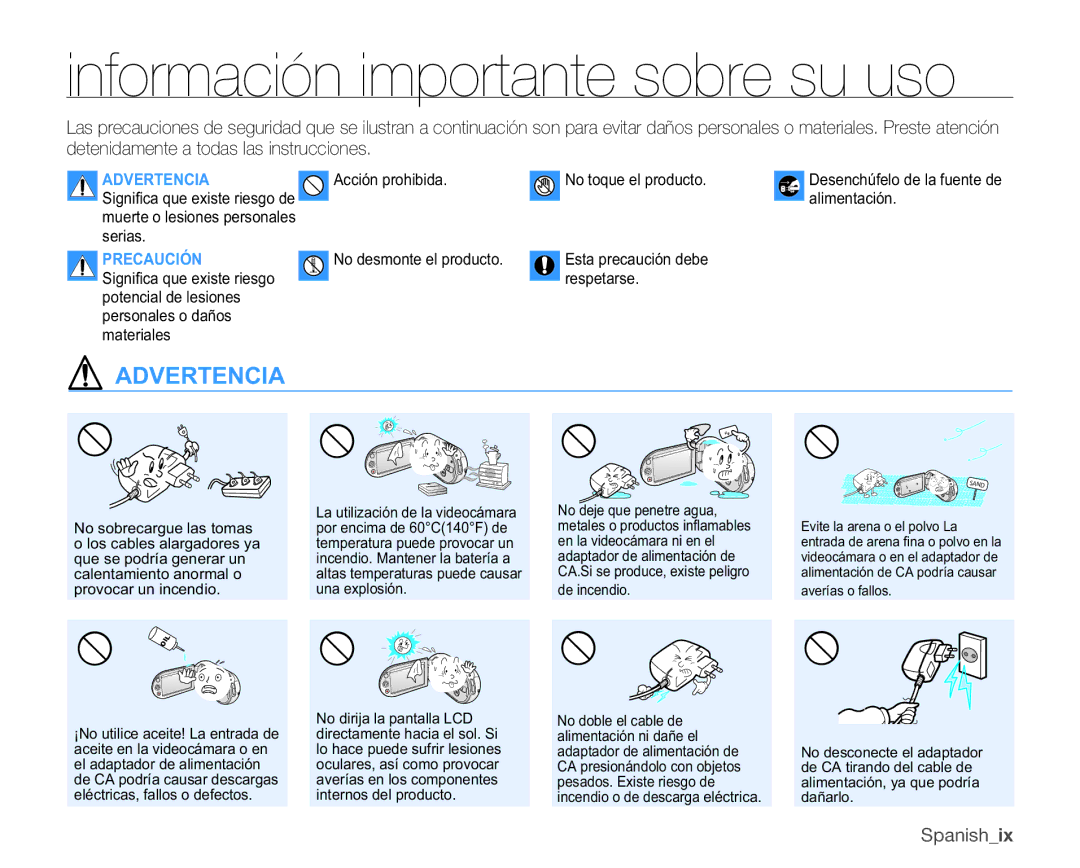 Samsung SMX-C10RP/EDC, SMX-C10GP/EDC, SMX-C100GP/EDC, SMX-C10LP/EDC manual Información importante sobre su uso, Advertencia 