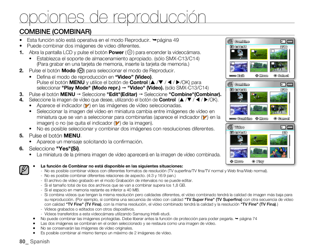 Samsung SMX-C100GP/EDC, SMX-C10GP/EDC manual Combine Combinar, Aparece el indicador en las imágenes de vídeo seleccionadas 