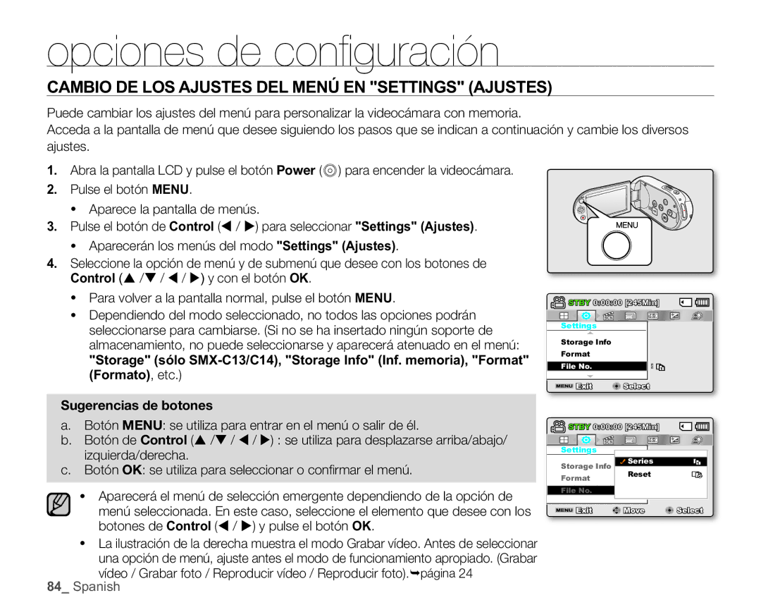 Samsung SMX-C100RP/EDC, SMX-C10GP/EDC manual Opciones de conﬁguración, Cambio DE LOS Ajustes DEL Menú EN Settings Ajustes 