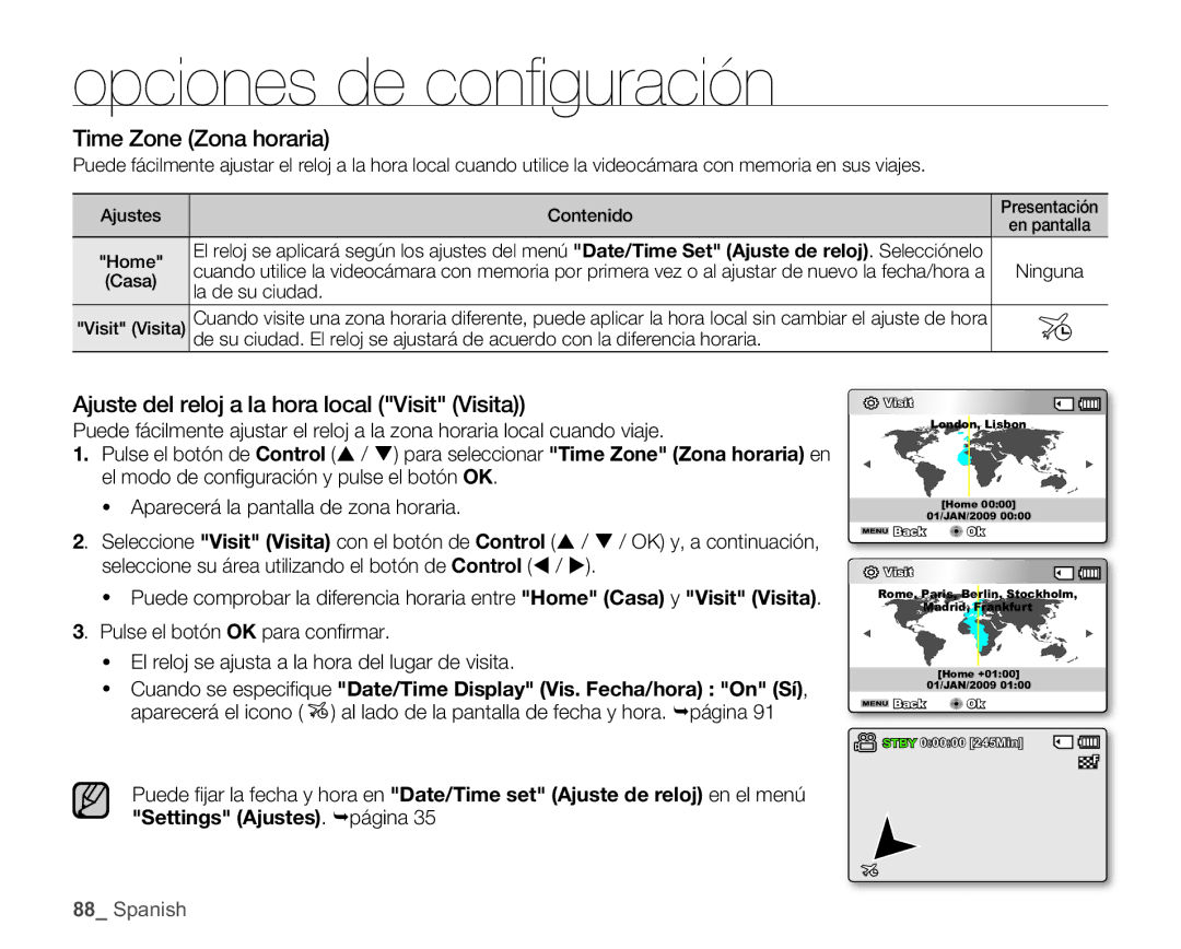 Samsung SMX-C100GP/EDC manual Time Zone Zona horaria, Ajuste del reloj a la hora local Visit Visita, La de su ciudad 
