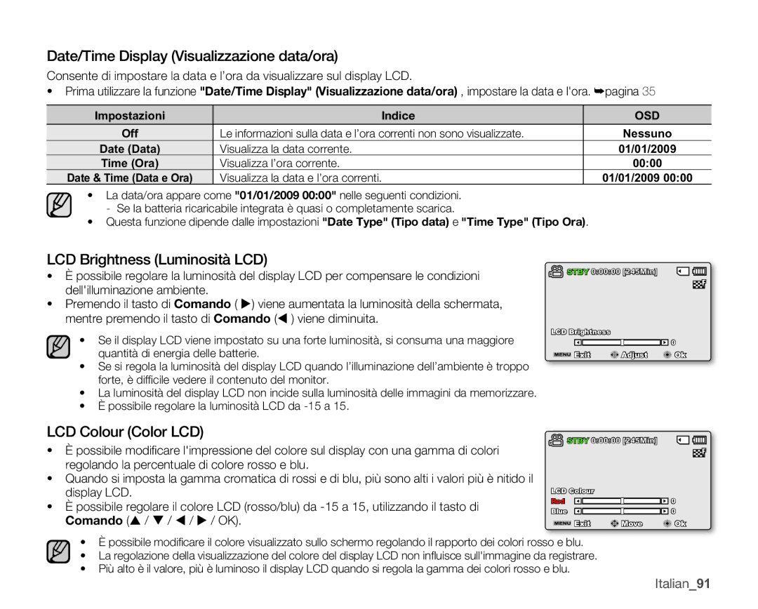 Samsung SMX-C10LP/EDC Date/Time Display Visualizzazione data/ora, LCD Brightness Luminosità LCD, LCD Colour Color LCD 