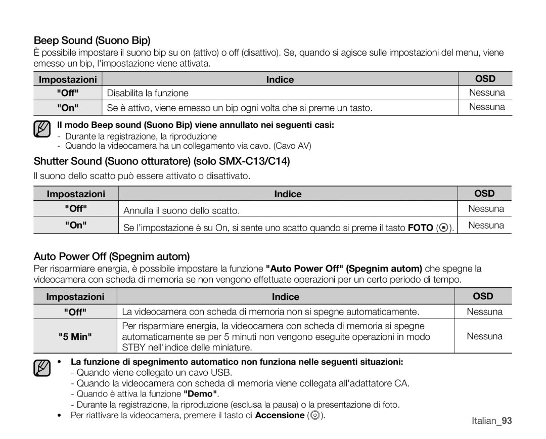 Samsung SMX-C14RP/EDC Beep Sound Suono Bip, Shutter Sound Suono otturatore solo SMX-C13/C14, Auto Power Off Spegnim autom 