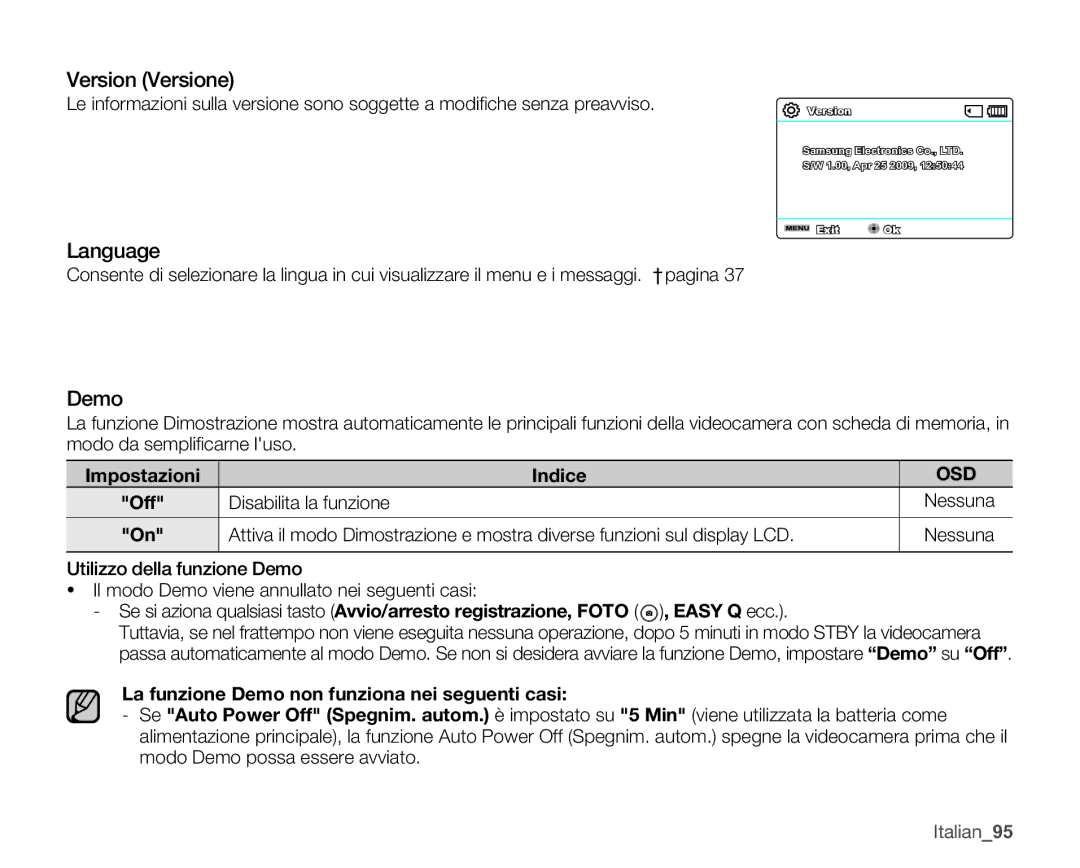 Samsung SMX-C14GP/EDC, SMX-C10GP/EDC manual Version Versione, Language, La funzione Demo non funziona nei seguenti casi 