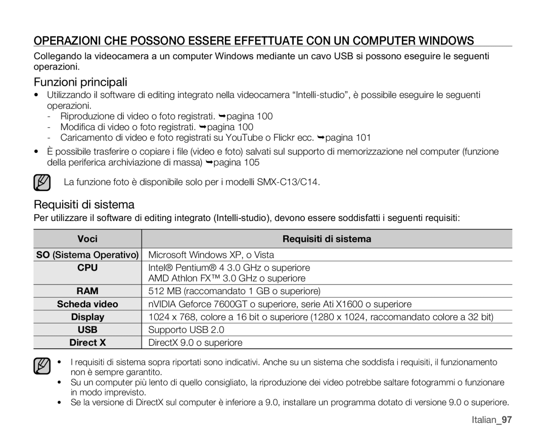 Samsung SMX-C10LP/EDC, SMX-C10GP/EDC, SMX-C14RP/EDC, SMX-C10RP/EDC manual Funzioni principali, Voci Requisiti di sistema 