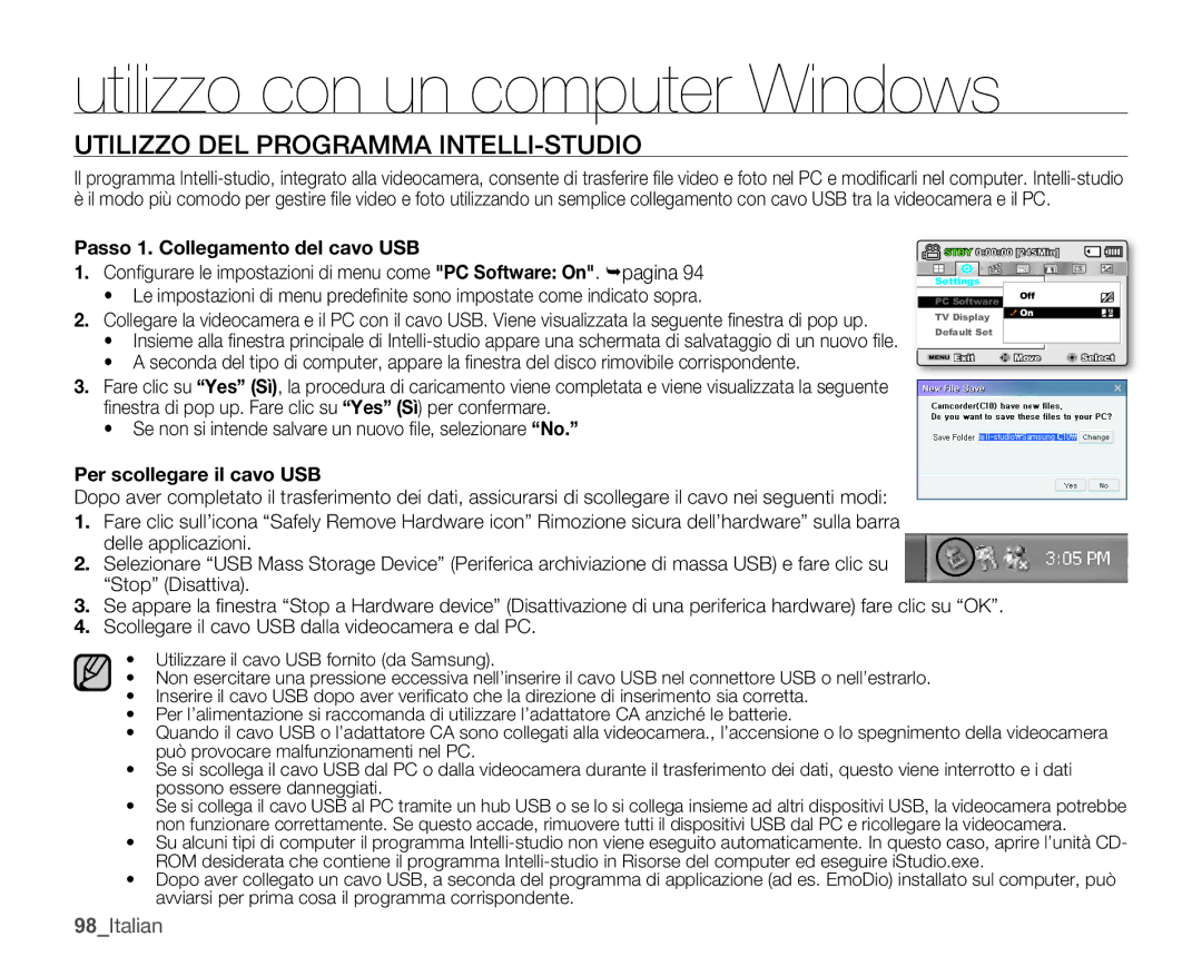 Samsung SMX-C10GP/EDC, SMX-C14RP/EDC manual Utilizzo DEL Programma INTELLI-STUDIO, Passo 1. Collegamento del cavo USB 