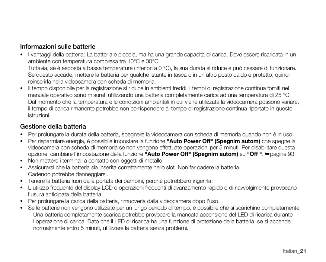 Samsung SMX-C14RP/EDC, SMX-C10GP/EDC, SMX-C10RP/EDC, SMX-C14GP/EDC manual Informazioni sulle batterie, Gestione della batteria 