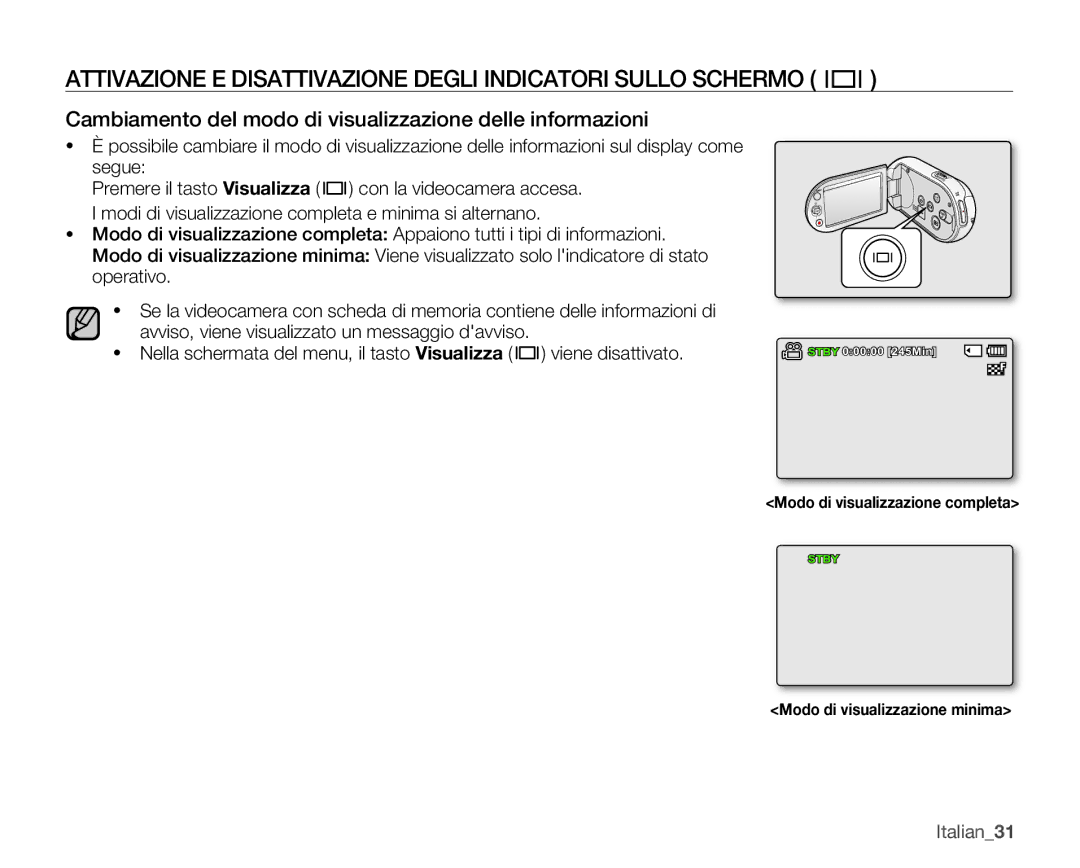 Samsung SMX-C10LP/EDC, SMX-C10GP/EDC, SMX-C14RP/EDC manual Attivazione E Disattivazione Degli Indicatori Sullo Schermo 