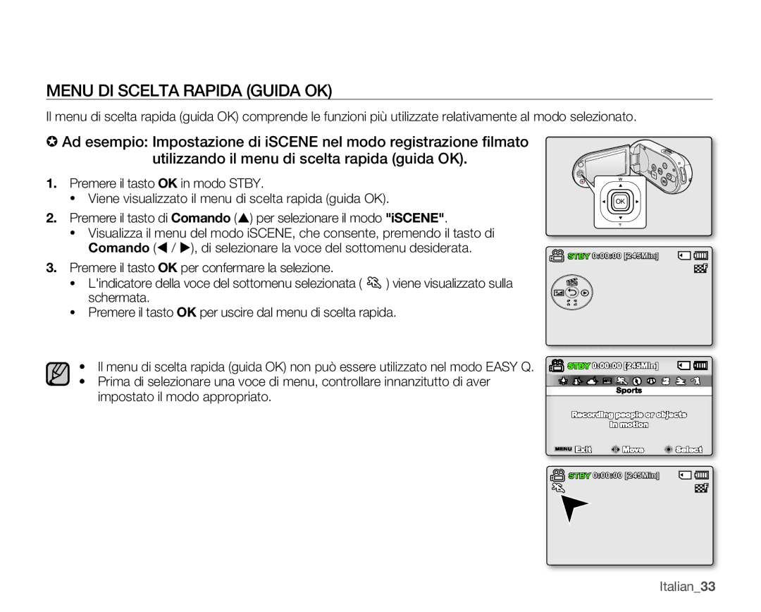 Samsung SMX-C14RP/EDC, SMX-C10GP/EDC, SMX-C10RP/EDC, SMX-C14GP/EDC, SMX-C14LP/EDC manual Menu DI Scelta Rapida Guida OK 