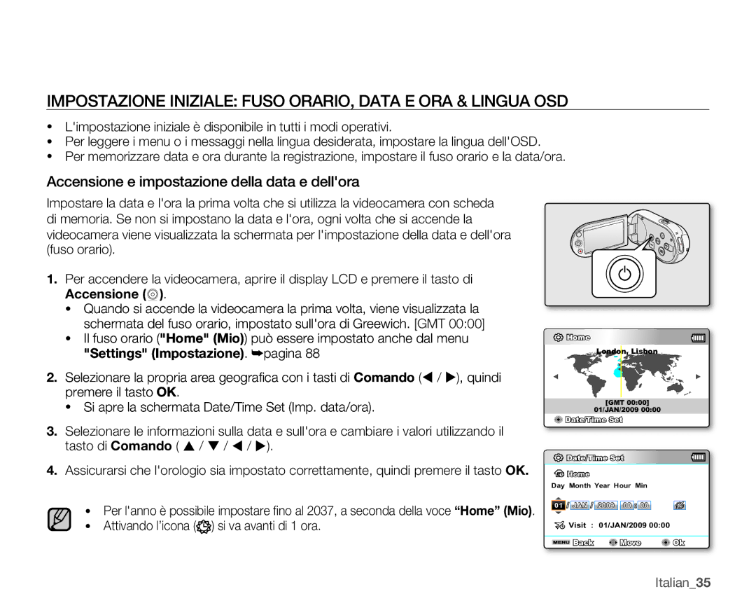 Samsung SMX-C14GP/EDC Impostazione Iniziale Fuso ORARIO, Data E ORA & Lingua OSD, Attivando l’icona si va avanti di 1 ora 