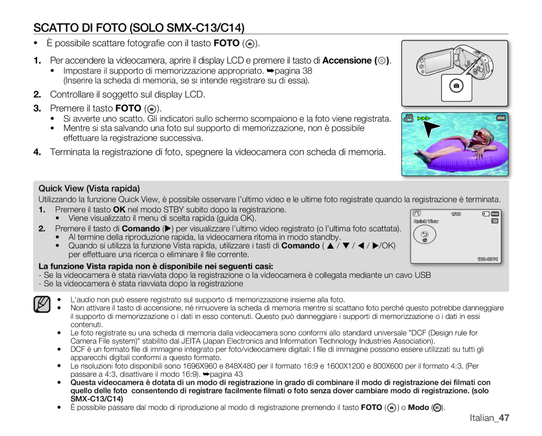 Samsung SMX-C14GP/EDC, SMX-C10GP/EDC, SMX-C14RP/EDC, SMX-C10RP/EDC Scatto DI Foto Solo SMX-C13/C14, Quick View Vista rapida 