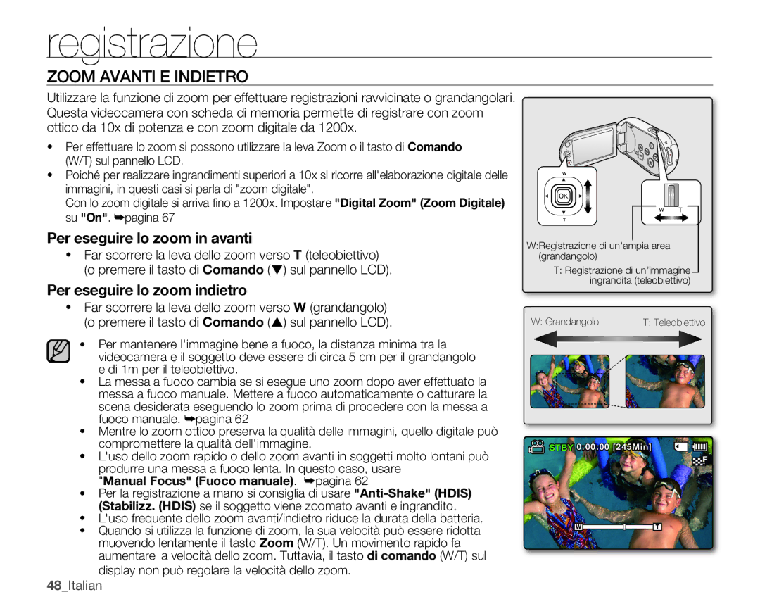 Samsung SMX-C14LP/EDC, SMX-C10GP/EDC, SMX-C14RP/EDC Zoom Avanti E Indietro, Manual Focus Fuoco manuale. ²pagina 