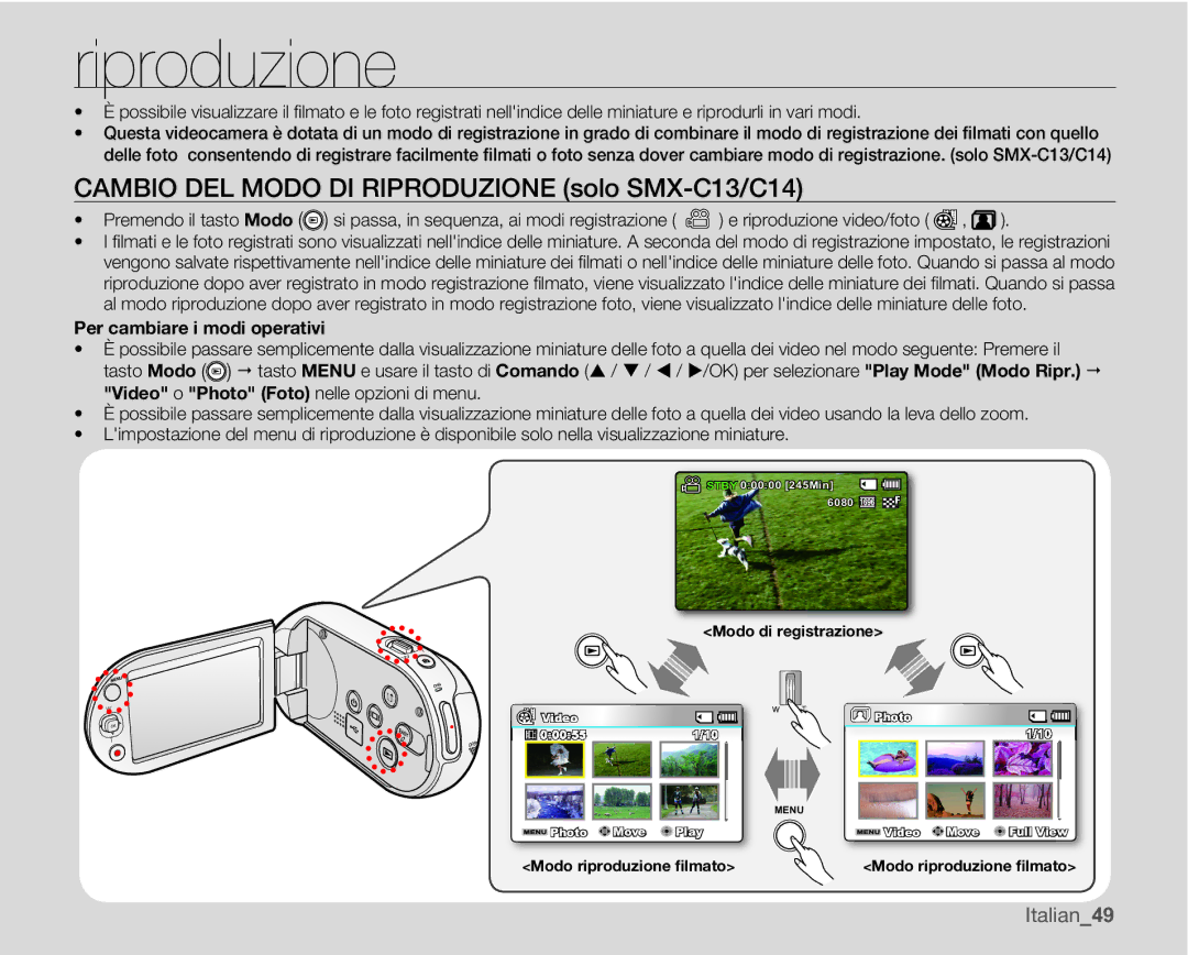 Samsung SMX-C10LP/EDC, SMX-C10GP/EDC, SMX-C14RP/EDC, SMX-C10RP/EDC manual Cambio DEL Modo DI Riproduzione solo SMX-C13/C14 