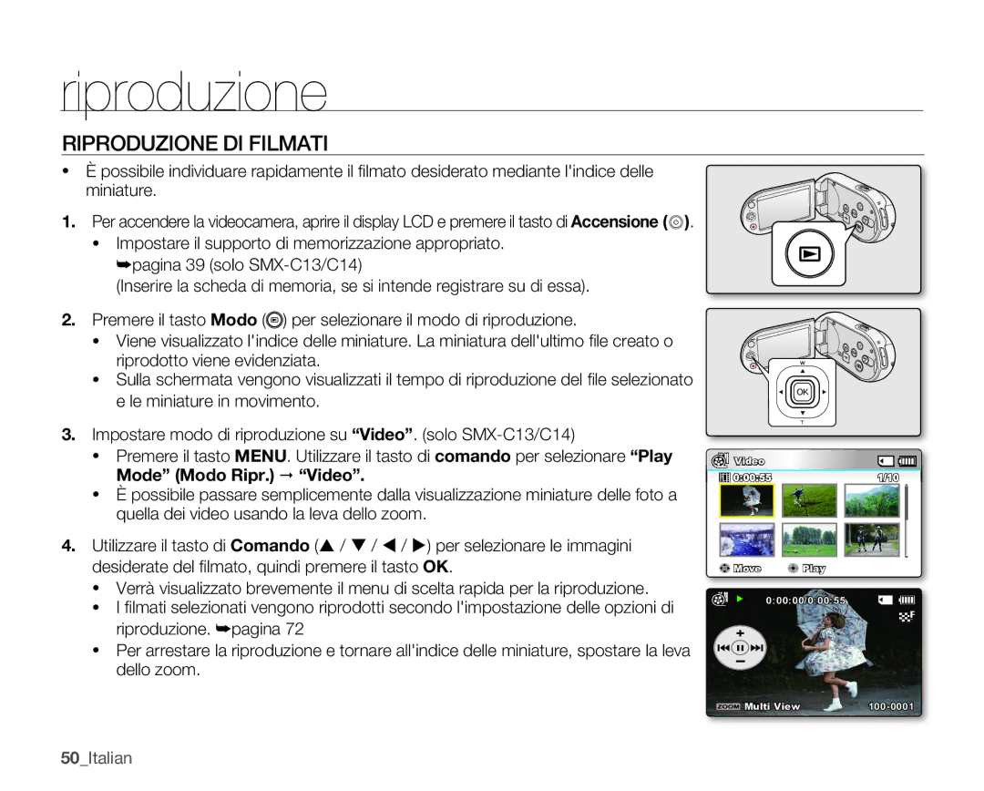 Samsung SMX-C10GP/EDC, SMX-C14RP/EDC, SMX-C10RP/EDC, SMX-C14GP/EDC, SMX-C14LP/EDC manual Riproduzione DI Filmati, 50Italian 