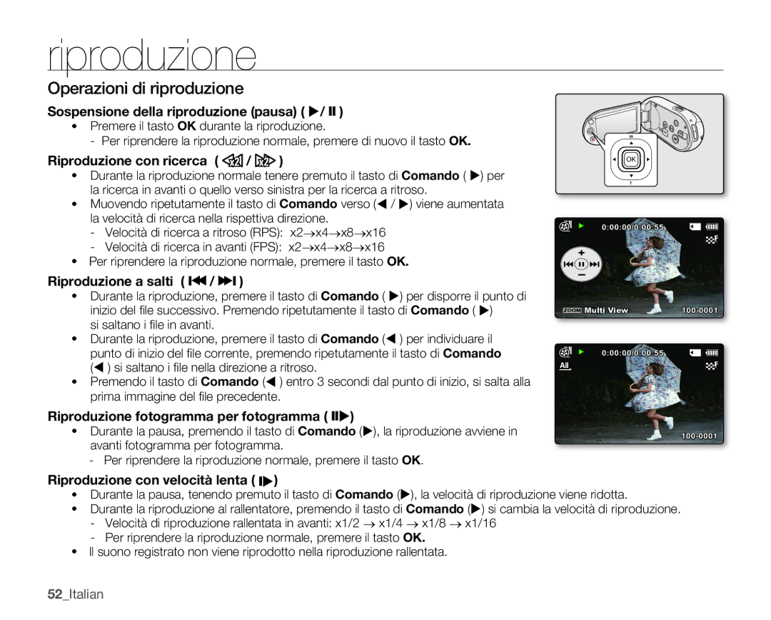 Samsung SMX-C10RP/EDC, SMX-C10GP/EDC, SMX-C14RP/EDC, SMX-C14GP/EDC, SMX-C14LP/EDC, SMX-C10LP/EDC Operazioni di riproduzione 