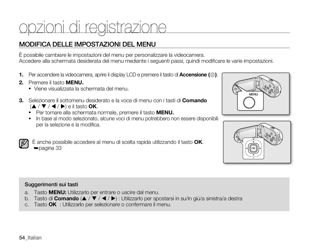 Samsung SMX-C14LP/EDC, SMX-C10GP/EDC, SMX-C14RP/EDC manual Opzioni di registrazione, Modifica Delle Impostazioni DEL Menu 