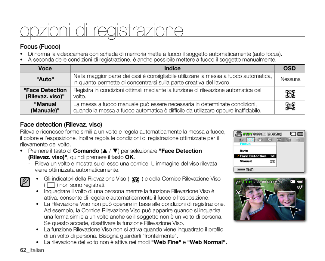 Samsung SMX-C10GP/EDC, SMX-C14RP/EDC, SMX-C10RP/EDC, SMX-C14GP/EDC manual Focus Fuoco, Face detection Rilevaz. viso, Volto 