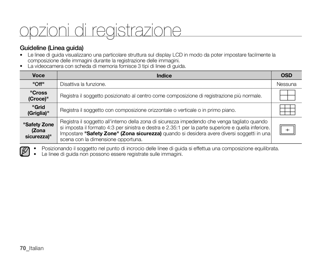 Samsung SMX-C10RP/EDC manual Guideline Linea guida, Voce Indice, Croce, Sicurezza Scena con la dimensione opportuna 