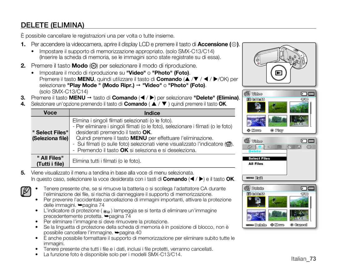 Samsung SMX-C10LP/EDC, SMX-C10GP/EDC, SMX-C14RP/EDC, SMX-C10RP/EDC manual Delete Elimina, Voce, All Files, Tutti i ﬁle 