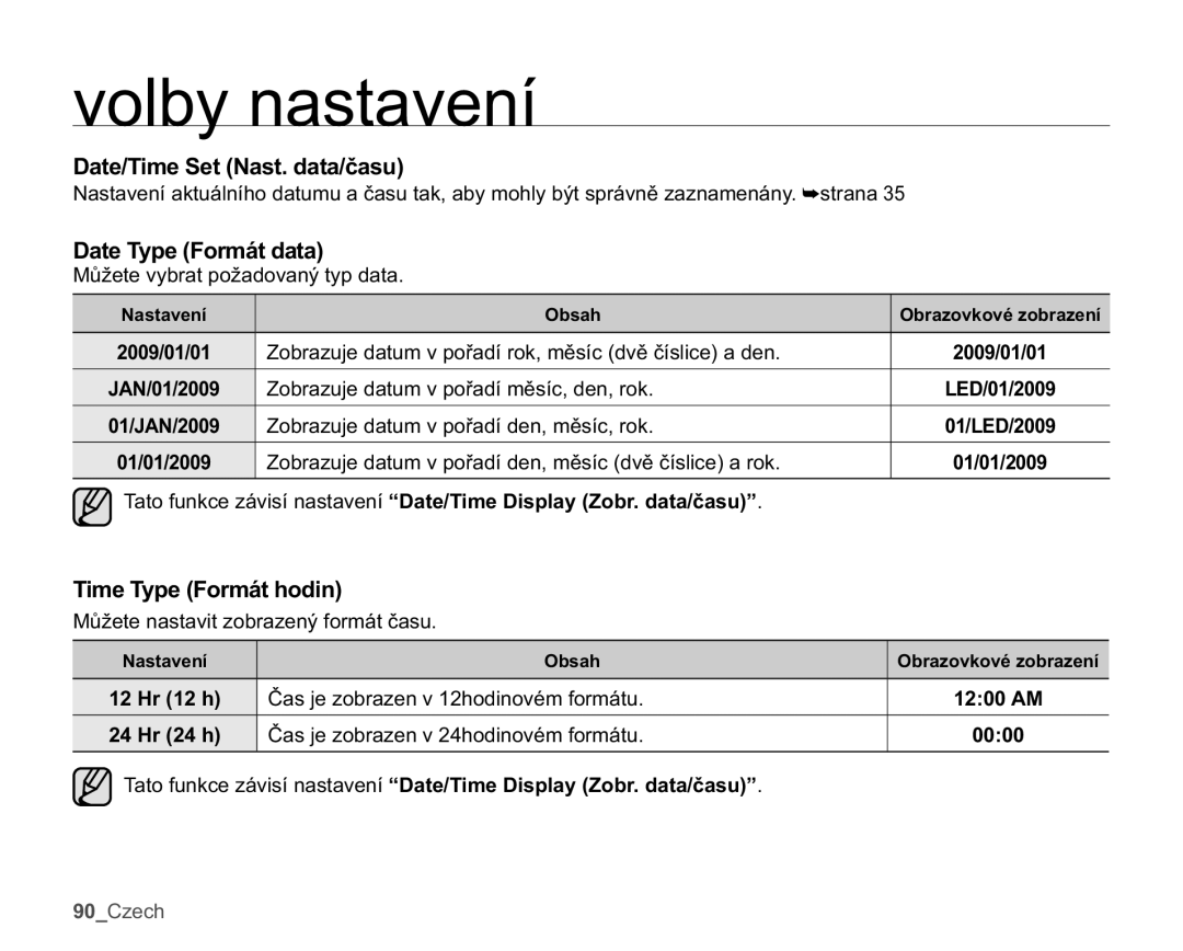 Samsung SMX-C14LP/EDC DWH7LPH6HW1DVWGDWDþDVX, Date Type Formát data, =REUDXMHGDWXPYSRĜDGtPČVtFGHQURN 