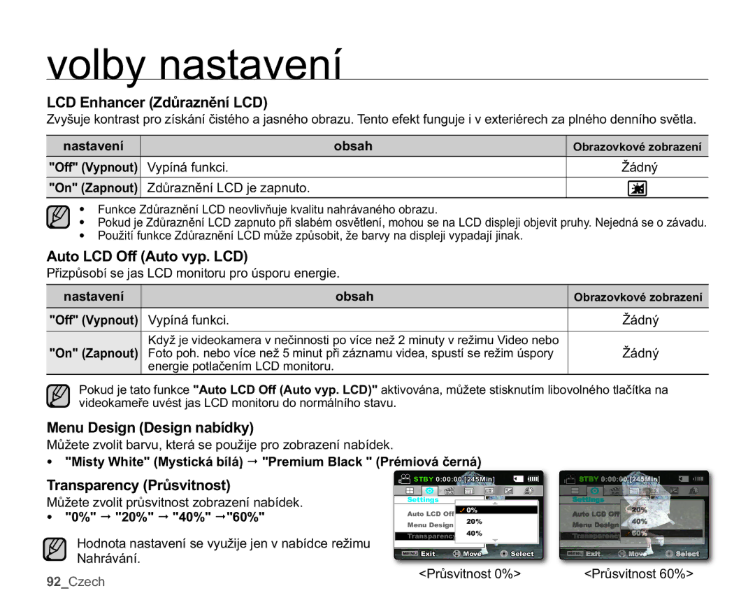 Samsung SMX-C10GP/EDC manual QKDQFHU=GĤUDQČQt/&, $XWR/&2II$XWRY\S/&, Menu Design Design nabídky, 92&HFK 