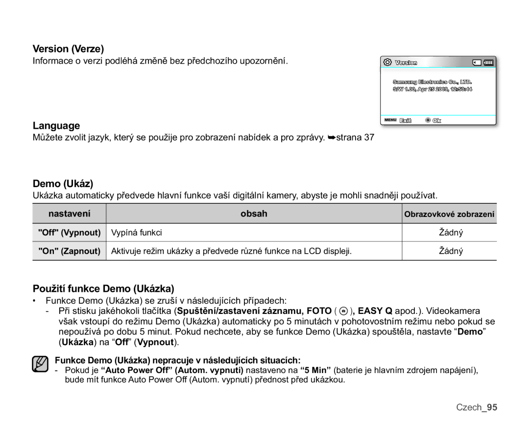 Samsung SMX-C14GP/EDC, SMX-C10GP/EDC, SMX-C14RP/EDC manual Version Verze, Language, Demo Ukáz, 3RXåLWtIXQNFHHPR8NiND 