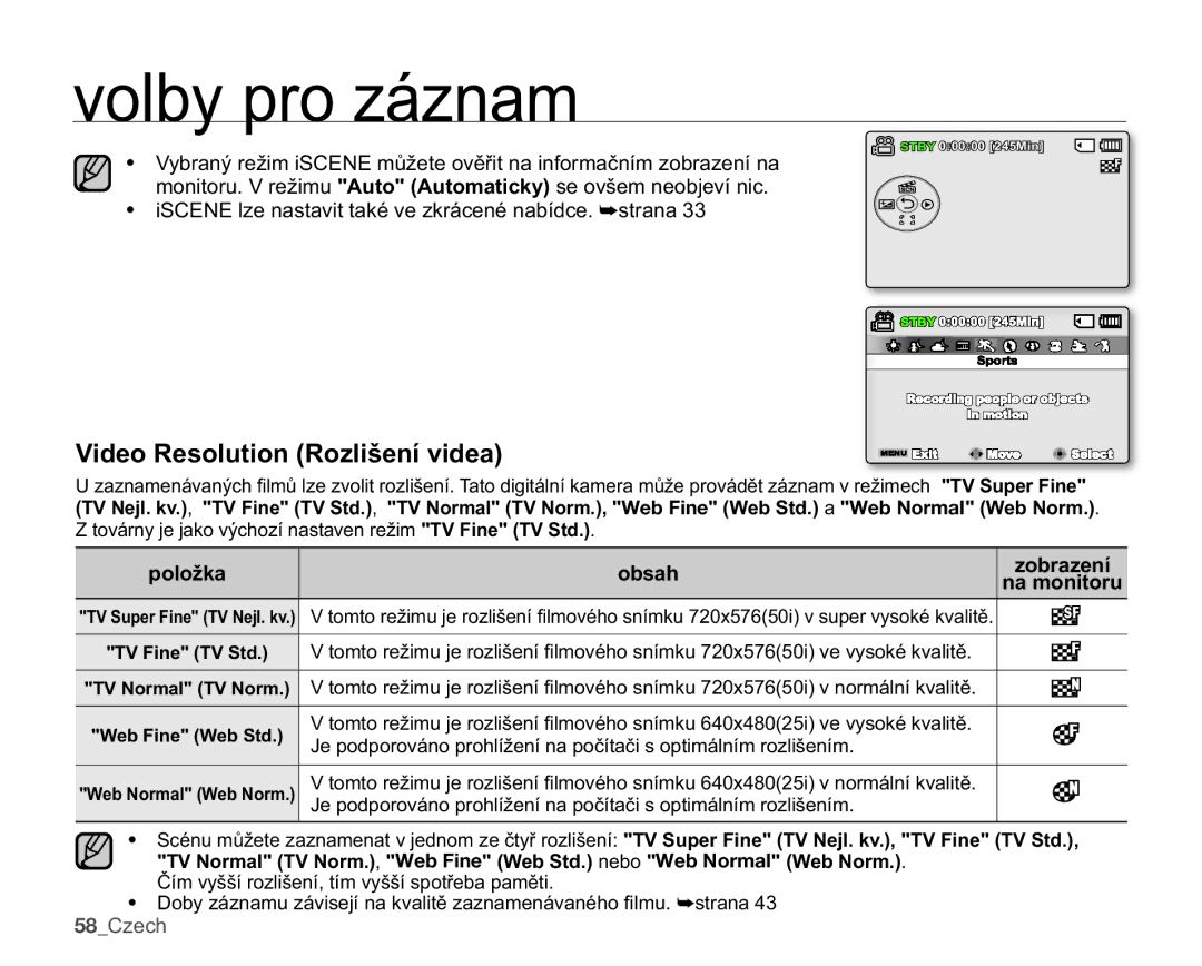 Samsung SMX-C10RP/EDC, SMX-C10GP/EDC manual Video Resolution Rozlišení videa, SRORåND Obsah, 58&HFK, Zobrazení, Na monitoru 