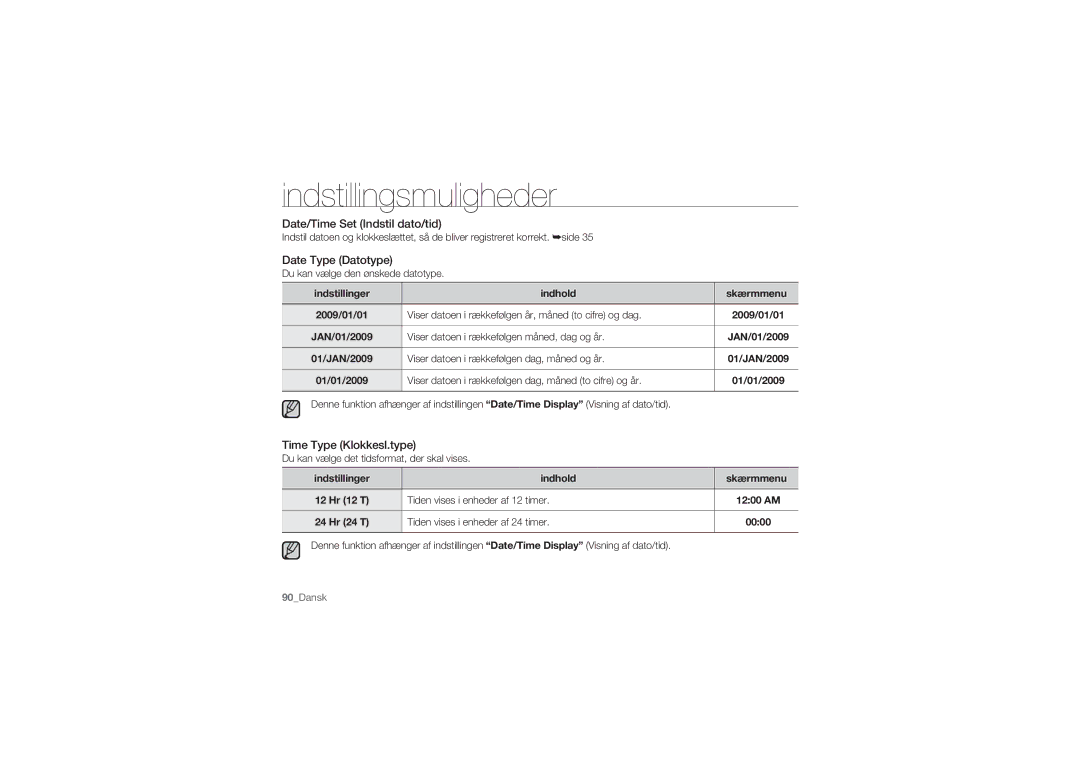 Samsung SMX-C14LP/EDC, SMX-C10GP/EDC manual Date/Time Set Indstil dato/tid, Date Type Datotype, Time Type Klokkesl.type 