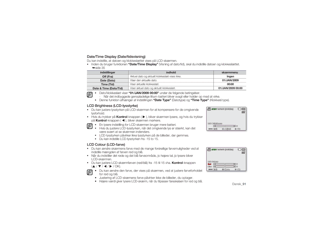 Samsung SMX-C10LP/EDC manual Date/Time Display Date/tidsvisning, LCD Brightness LCD-lysstyrke, LCD Colour LCD-farve 