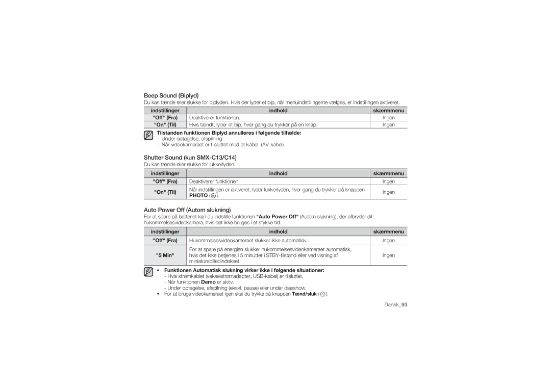 Samsung SMX-C14RP/EDC, SMX-C10GP/EDC manual Beep Sound Biplyd, Shutter Sound kun SMX-C13/C14, Auto Power Off Autom slukning 