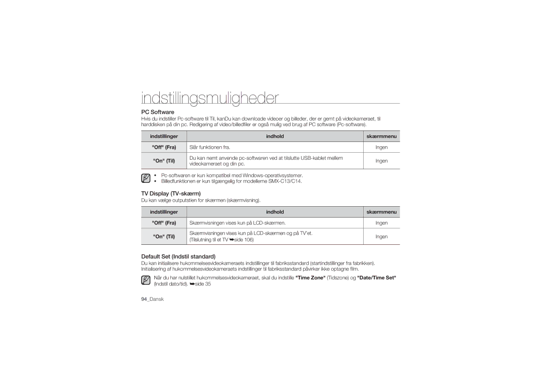 Samsung SMX-C10RP/EDC, SMX-C10GP/EDC, SMX-C14RP/EDC manual PC Software, TV Display TV-skærm, Default Set Indstil standard 