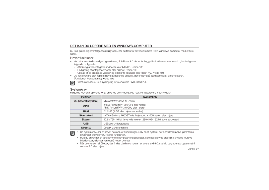 Samsung SMX-C10LP/EDC, SMX-C10GP/EDC DET KAN DU Udføre MED EN WINDOWS-COMPUTER, Hovedfunktioner, Punkter Systemkrav 