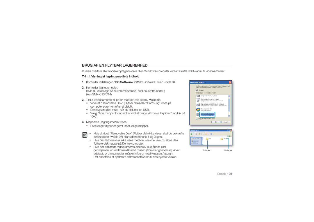 Samsung SMX-C14RP/EDC, SMX-C10GP/EDC manual Brug AF EN Flytbar Lagerenhed, Trin 1. Visning af lagringsmediets indhold 