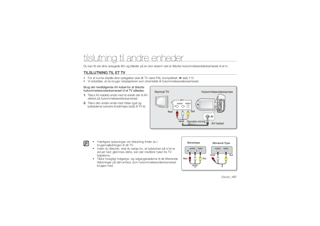 Samsung SMX-C14GP/EDC, SMX-C10GP/EDC manual Tilslutning til andre enheder, Tilslutning TIL ET TV, Normal TV, AV-kabel 