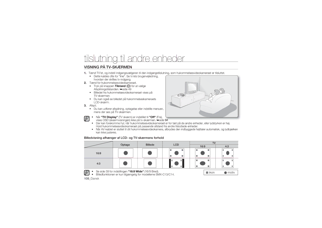 Samsung SMX-C14LP/EDC manual Visning PÅ TV-SKÆRMEN, Billedvisning afhænger af LCD- og TV-skærmens forhold, Ikon motiv 